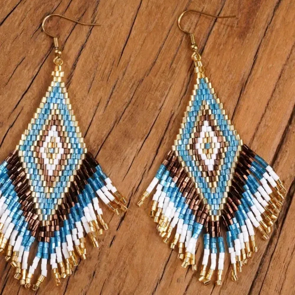 Beaded  Earrings - Blue, Gold, Brown, White - Picture 2 of 3